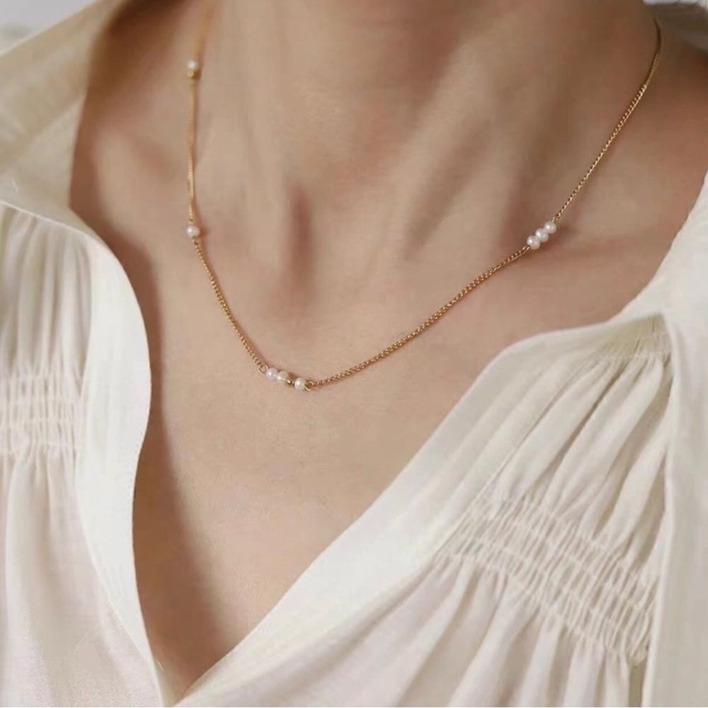 Dainty & Elegant Gold Pearl Station Necklace - Picture 3 of 6
